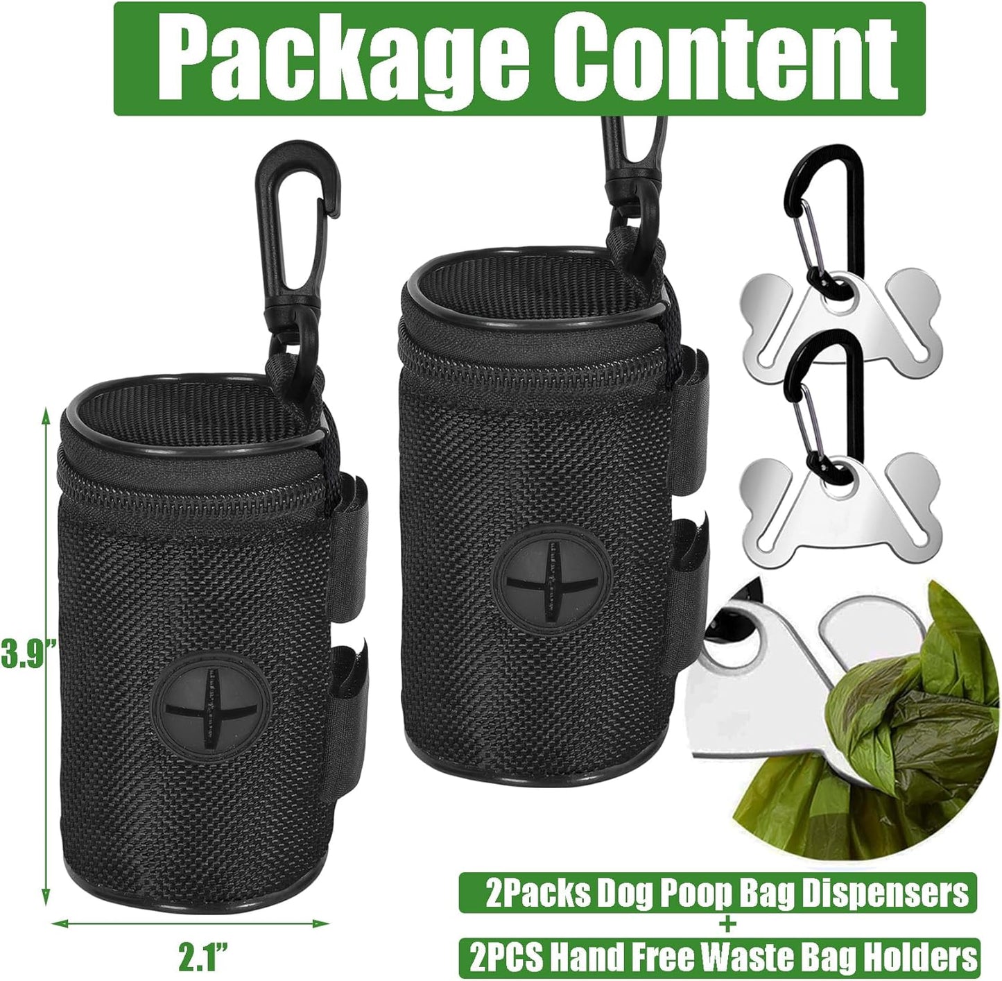 2-Pack Dog Poop Bag Dispenser – Leash Attachment with Hands-Free Metal Holder, Black, Fits All Leashes