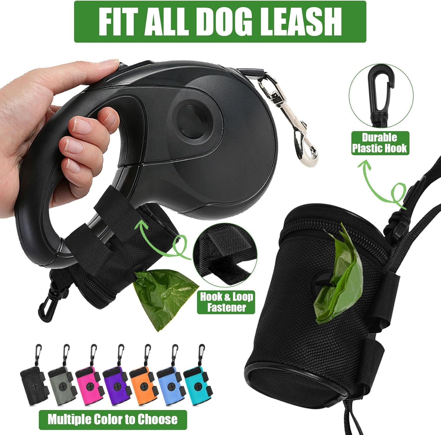 2-Pack Dog Poop Bag Dispenser – Leash Attachment with Hands-Free Metal Holder, Black, Fits All Leashes