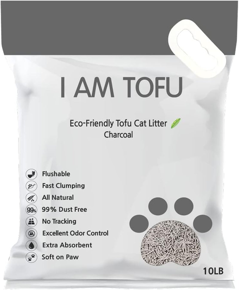 I AM TOFU - Tofu Cat Litter, Natural, Flushable, Dust Free Extra Clumping Pellet Litter (10 Lb Bag, Charcoal)