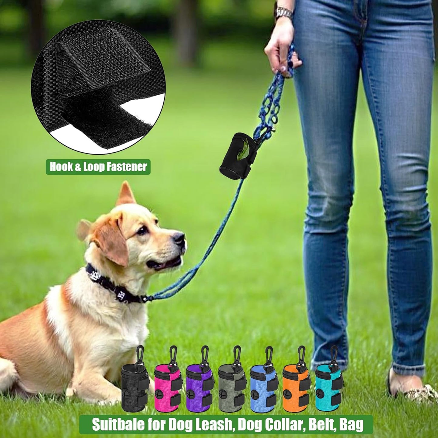 2-Pack Dog Poop Bag Dispenser – Leash Attachment with Hands-Free Metal Holder, Black, Fits All Leashes