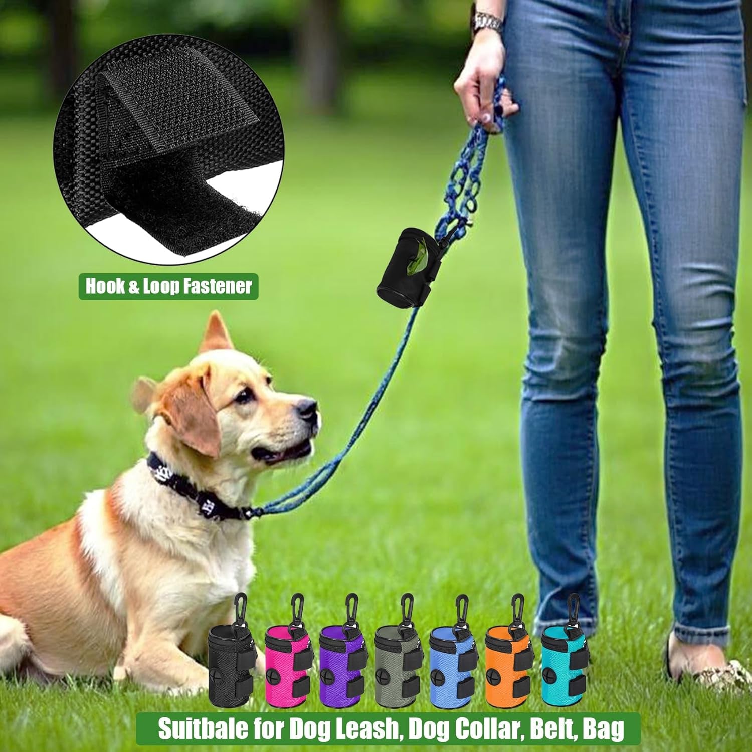 2-Pack Dog Poop Bag Dispenser – Leash Attachment with Hands-Free Metal Holder, Black, Fits All Leashes
