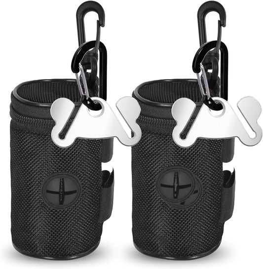2-Pack Dog Poop Bag Dispenser – Leash Attachment with Hands-Free Metal Holder, Black, Fits All Leashes