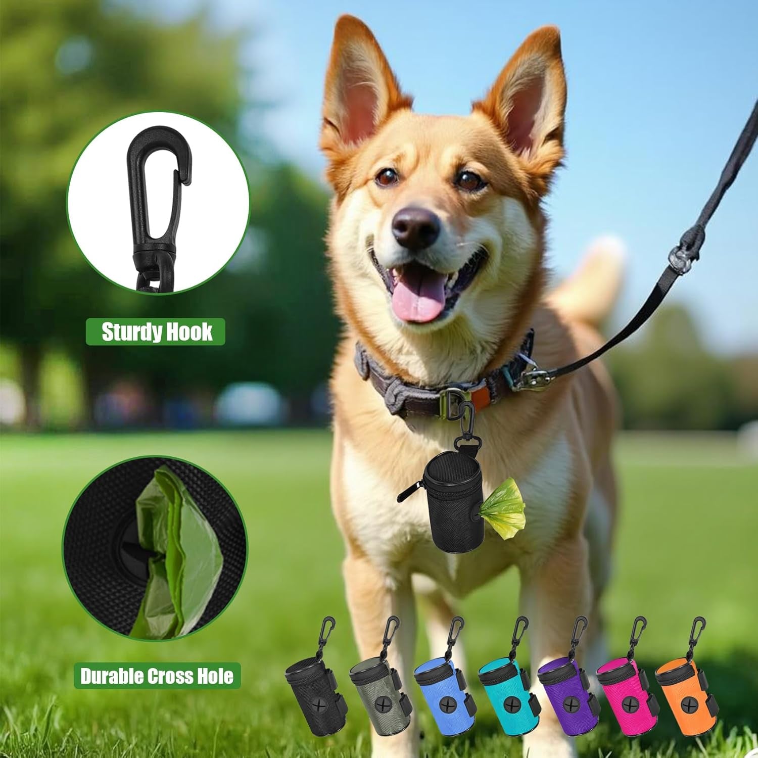 2-Pack Dog Poop Bag Dispenser – Leash Attachment with Hands-Free Metal Holder, Black, Fits All Leashes