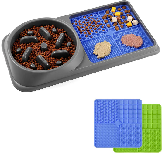 2-in-1 Dog Slow Feeder Bowl & Licking Mat – Premium Dog Food Bowl with 2 Lick Pads for Fun, Slow Eating