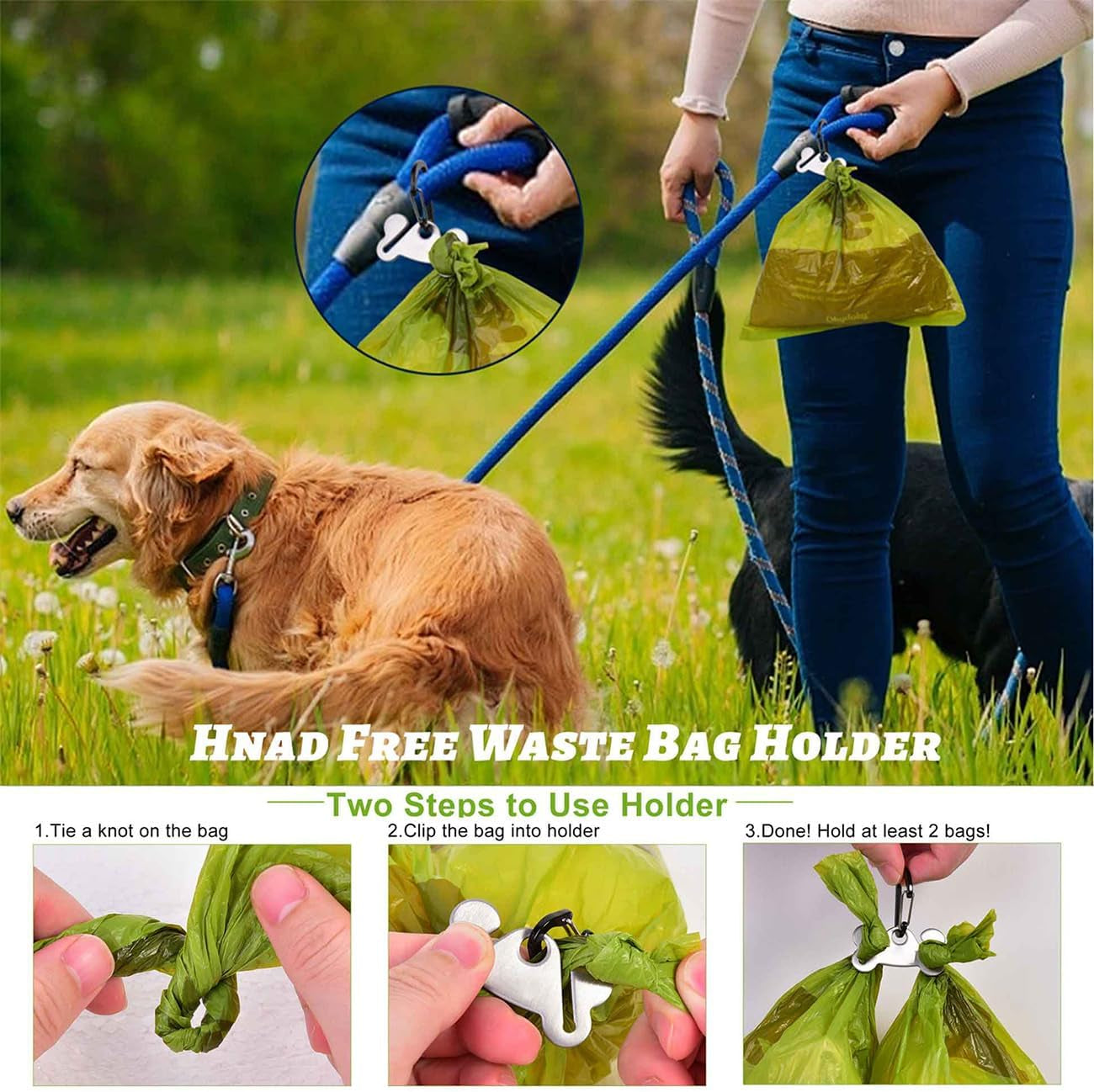 2-Pack Dog Poop Bag Dispenser – Leash Attachment with Hands-Free Metal Holder, Black, Fits All Leashes