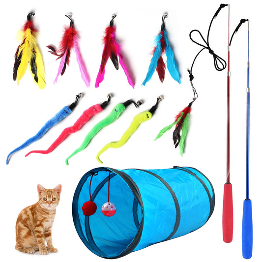 12-Piece Interactive Cat Toy Set – Feather Wands & Tunnel Fun (2-Pack, Multicolor)
