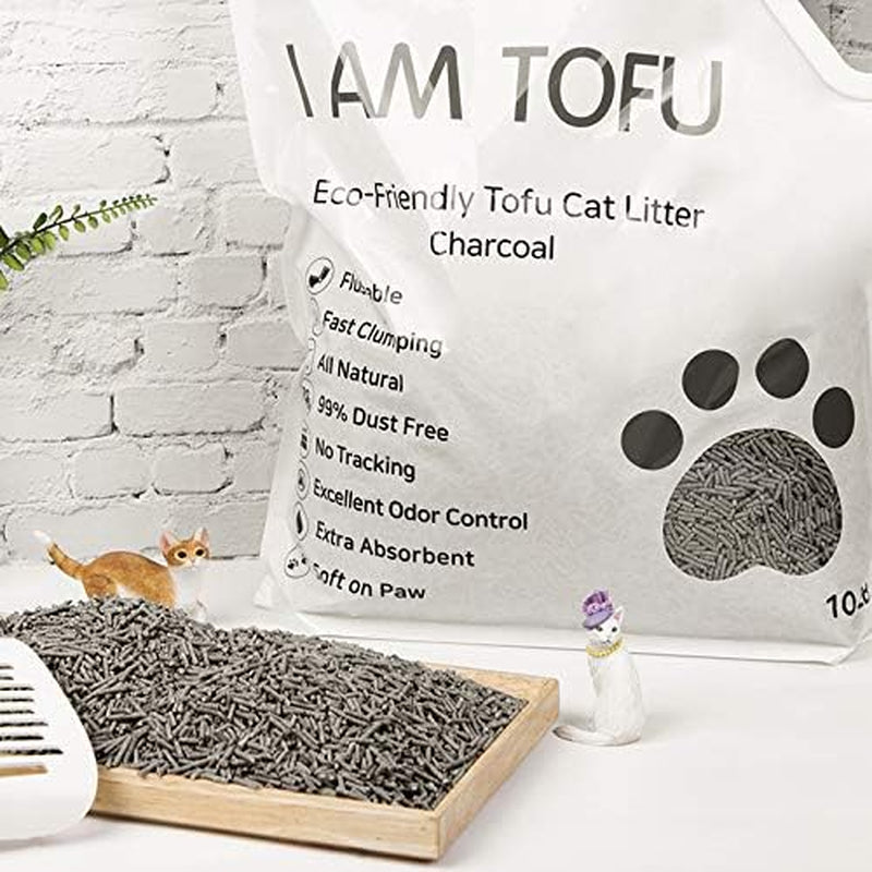 I AM TOFU - Tofu Cat Litter, Natural, Flushable, Dust Free Extra Clumping Pellet Litter (10 Lb Bag, Charcoal)